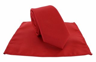 Boys Bright Red Plain Tie & Pocket Square Set
