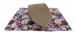 Taupe Plain Tie & Contrast Floral Pocket Square Set