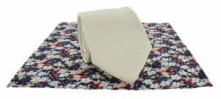 Cream Plain Tie & Contrast Floral Pocket Square Set