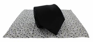 Black Plain Tie & Contrast Floral Pocket Square Set