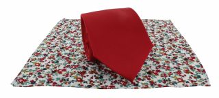 Red Plain Tie & Contrast Floral Pocket Square Set