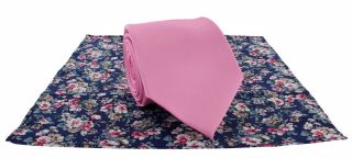 Pink Plain Tie & Contrast Floral Pocket Square Set