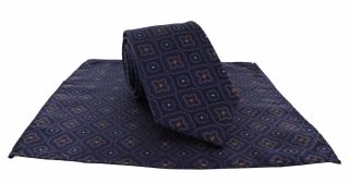 Brown / Navy Traditional Medallion Polyester Tie & Pocket Square Set