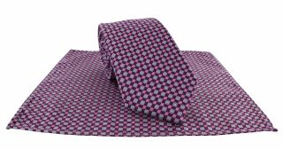 Purple / Pink Square Grid Polyester Tie & Pocket Square Set