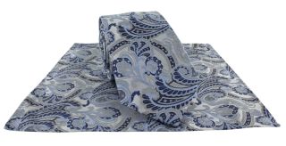 Grey & Blue Ornamental Paisley Tie & Pocket Square Set
