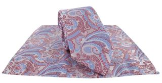 Pink & Blue Ornamental Paisley Tie & Pocket Square Set