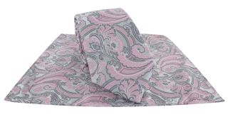 Silver & Pink Ornamental Paisley Tie & Pocket Square Set