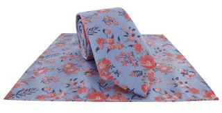 Blue & Coral Textured Springtime Floral Tie & Pocket Square Set