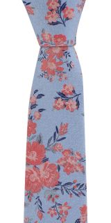 Blue & Coral Textured Springtime Floral Tie & Pocket Square Set