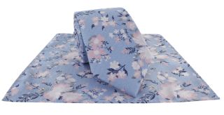 Blue & Pink Textured Springtime Floral Tie & Pocket Square Set