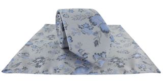 Silver & Blue Textured Springtime Floral Tie & Pocket Square Set