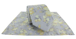 Silver & Yellow Textured Springtime Floral Tie & Pocket Square Set