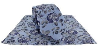 Blue & Navy Textured Rose Floral Tie & Pocket Square Set