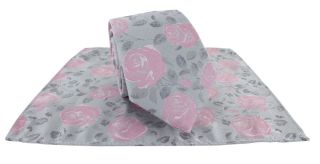 Silver & Pink Textured Rose Floral Tie & Pocket Square Set