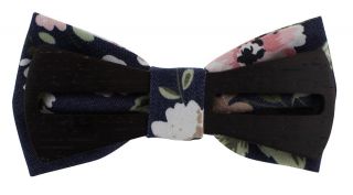 Navy Large Flower Wooden Bow Tie & Pocket Square Set