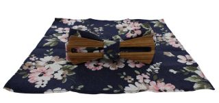 Navy Large Flower Wooden Bow Tie & Pocket Square Set