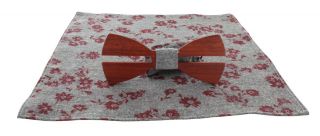 Grey Floral Wooden Bow Tie & Pocket Square Set