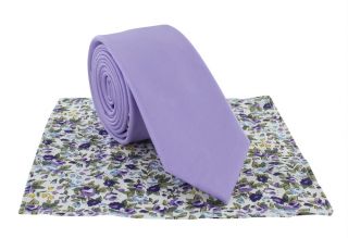 Lilac Boys Plain Tie & Contrast Floral Pocket Square Set