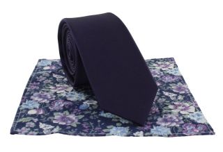 Purple Boys Plain Tie & Contrast Floral Pocket Square Set