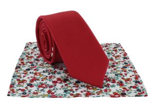 Red Boys Plain Tie & Contrast Floral Pocket Square Set
