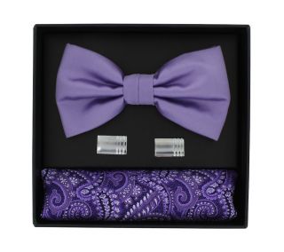 Lilac Bow Tie, Paisley Pocket Square & Cufflink Gift Set