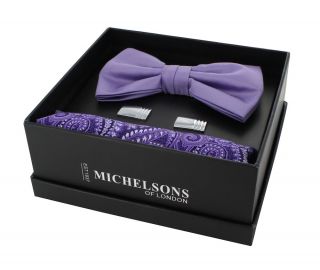 Lilac Bow Tie, Paisley Pocket Square & Cufflink Gift Set