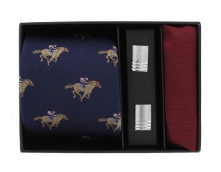 Navy Jockey on Race Horse Silk Tie, Wine Pocket Square & Cufflink Gift Set