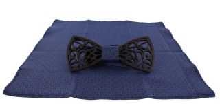 Blue Medallion Wooden Bow Tie & Pocket Square Set