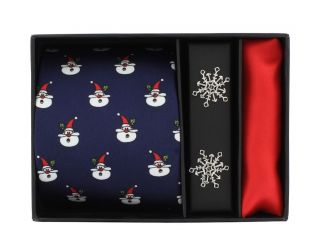 Navy Santa Claus Tie, Red Pocket Square & Snowflake Cufflink Gift Set