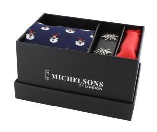 Navy Santa Claus Tie, Red Pocket Square & Snowflake Cufflink Gift Set
