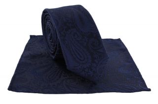 Boys Navy Tonal Paisley Tie & Pocket Square Set