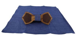 Blue Wooden Bow Tie & Pocket Square Set