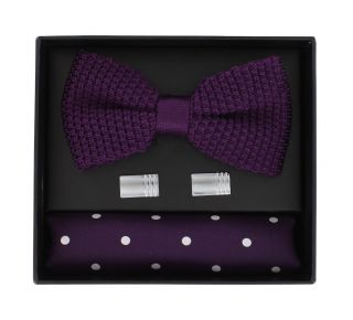 Purple Silk Knitted Bow Tie, Purple Polka Dot Silk Pocket Square & Cufflink Gift Set