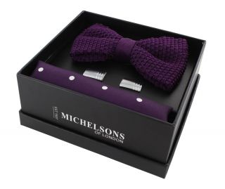 Purple Silk Knitted Bow Tie, Purple Polka Dot Silk Pocket Square & Cufflink Gift Set