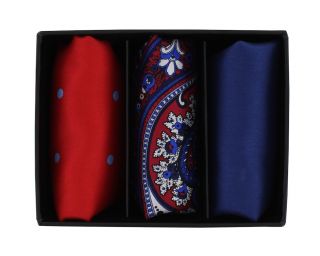 Red Spot, Blue & Red Paisley, Navy Plain Pocket Square Gift Set