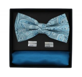 Teal Paisley Bow Tie, Plain Pocket Square & Cufflink Gift Set