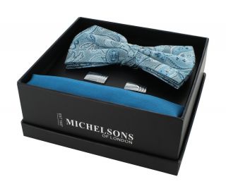 Teal Paisley Bow Tie, Plain Pocket Square & Cufflink Gift Set