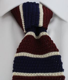 Burgundy Cream Navy Stripe Skinny Silk Knitted Tie