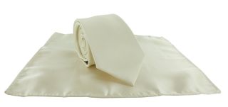 Ivory Slim Satin Plain Tie & Pocket Square Set