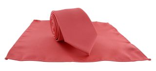 Coral Slim Satin Plain Tie & Pocket Square Set