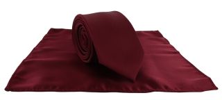 Dark Red Slim Satin Plain Tie & Pocket Square Set