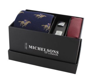 Navy Jockey on Race Horse Silk Tie, Wine Pocket Square & Cufflink Gift Set