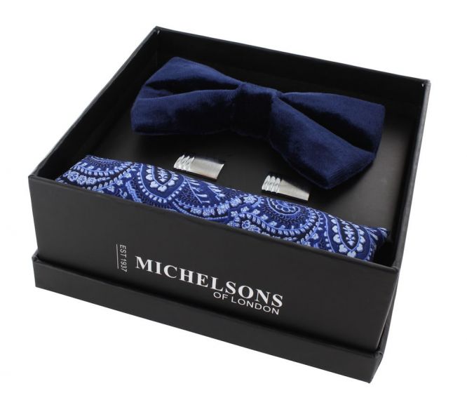 Black Cufflinks & Pocket Handkerchief Gift Box Men's Bow Tie Blue Paisley